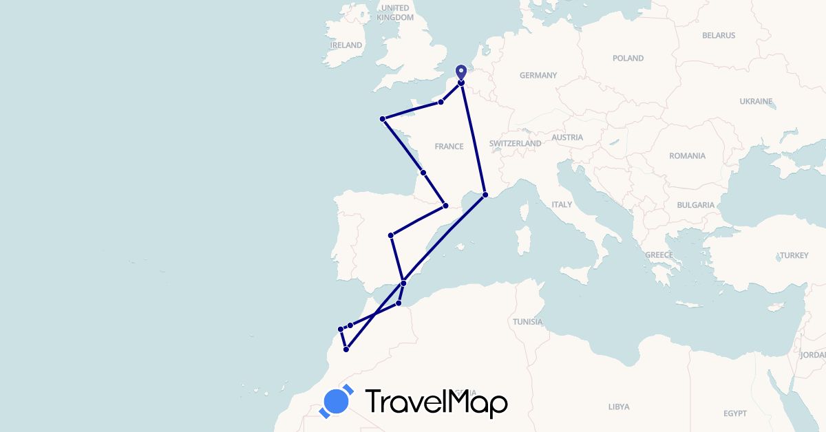 TravelMap itinerary: driving in Andorra, Spain, France, Morocco (Africa, Europe)